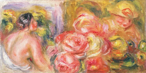 Nacktes Mädchen mit Hut und Rosen, 1916